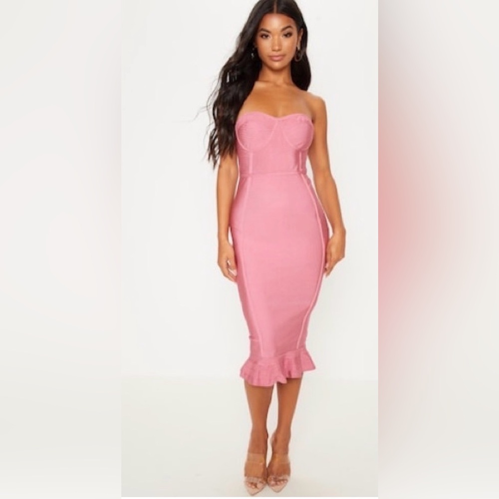 Pretty Little Thing size 2 Pink Strapless Dress with Ruffle Hem